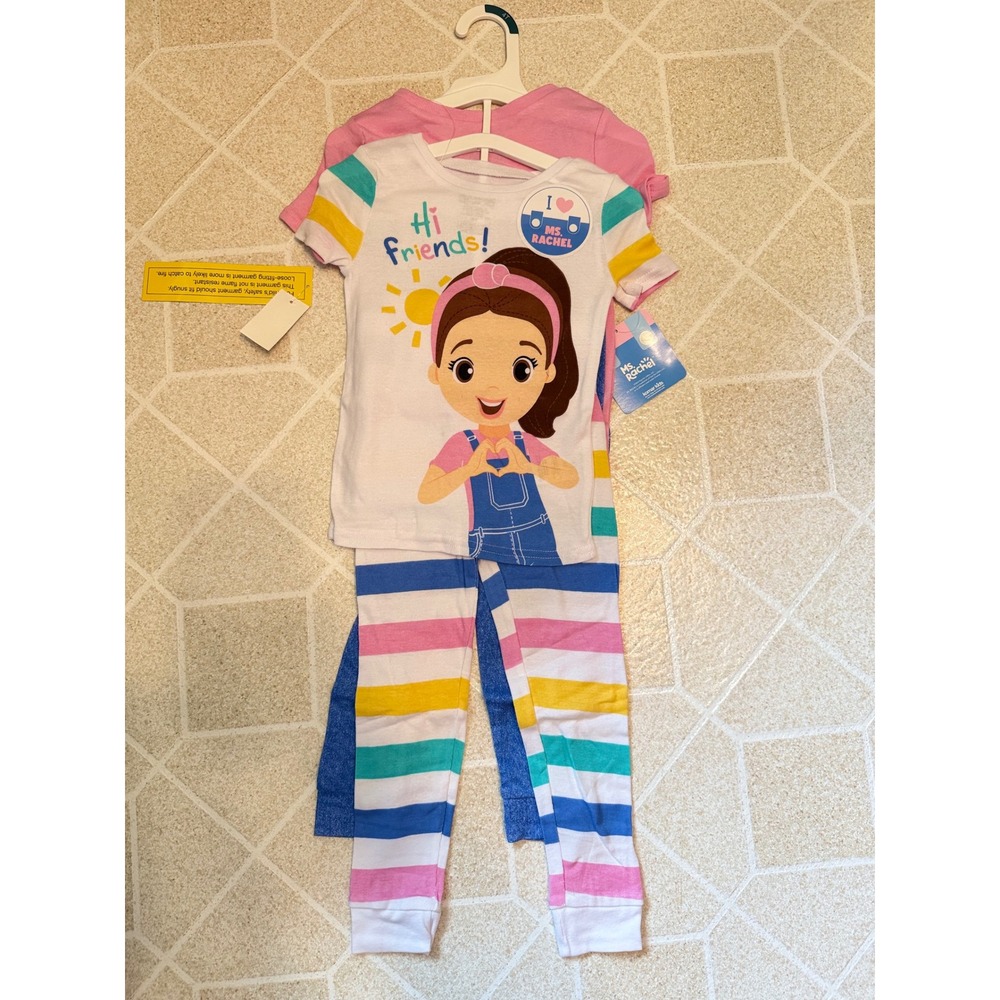 Ms. Rachel Girls 4 Piece Pajama Set Rainbow Stripes Dream Big Pink White 4T NWT